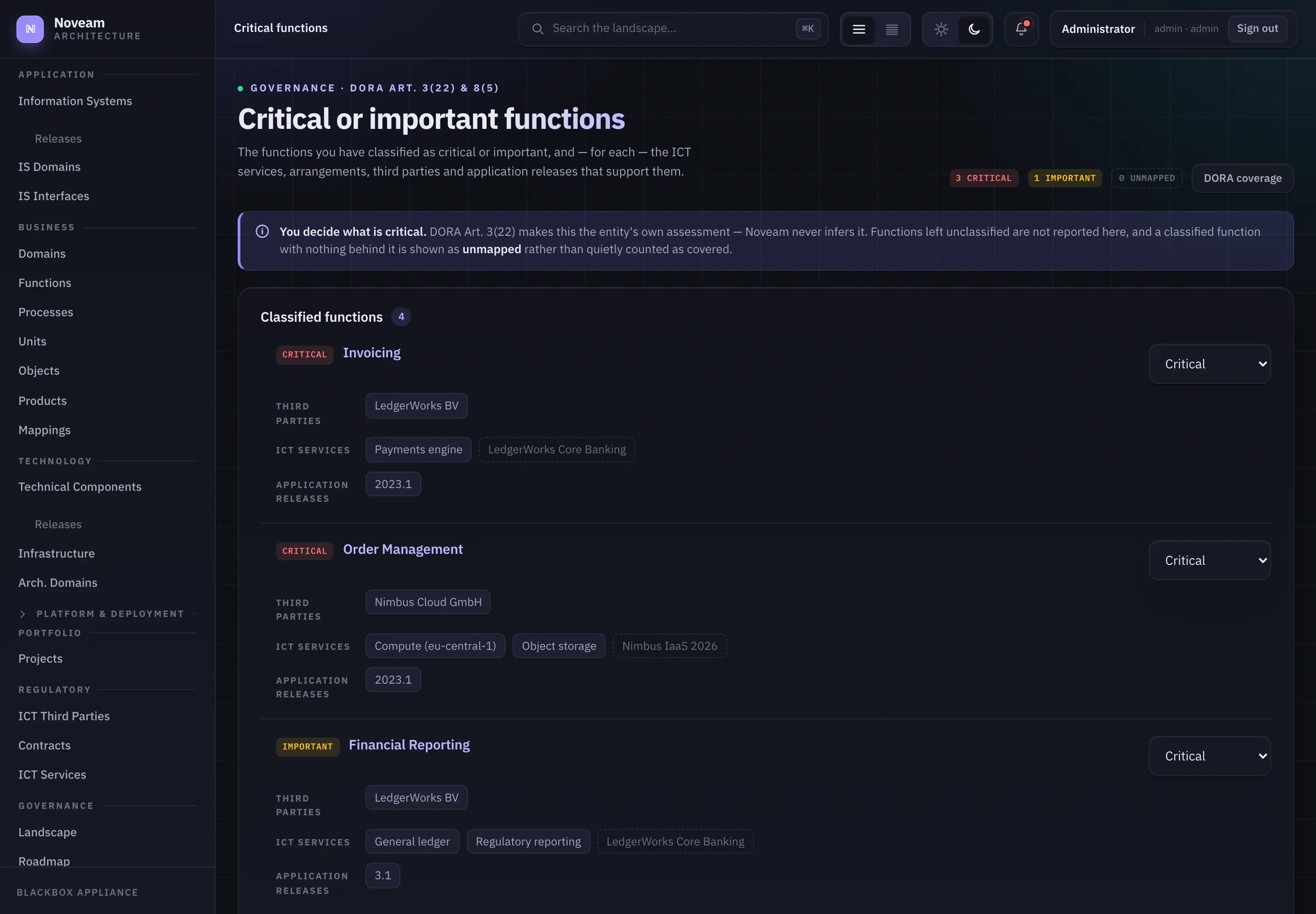 The critical or important functions view in Noveam, listing each function with the services and providers supporting it.